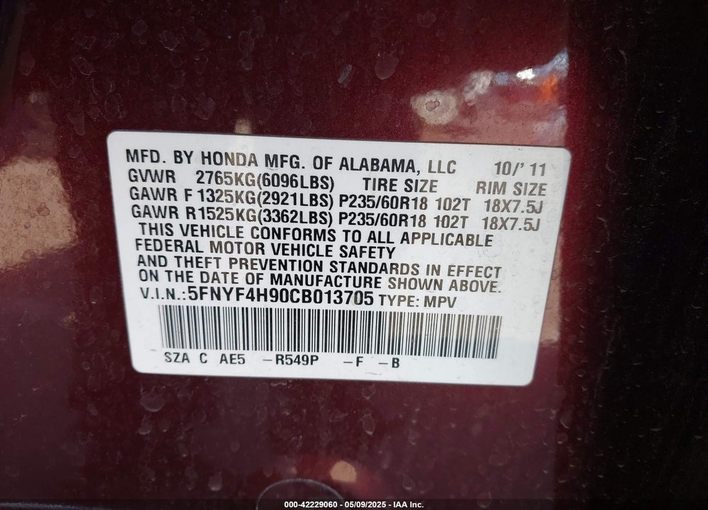 2012 HONDA PILOT VIN: 5FNYF4H90CB013705