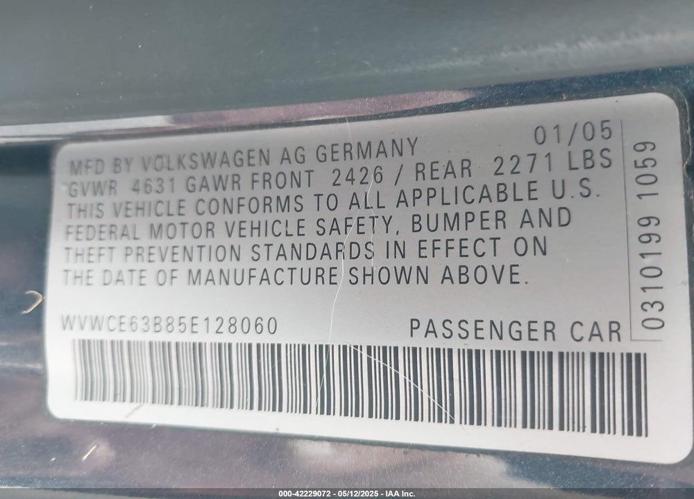 2005 VOLKSWAGEN PASSAT GLS TDI VIN: WVWCE63B85E128060