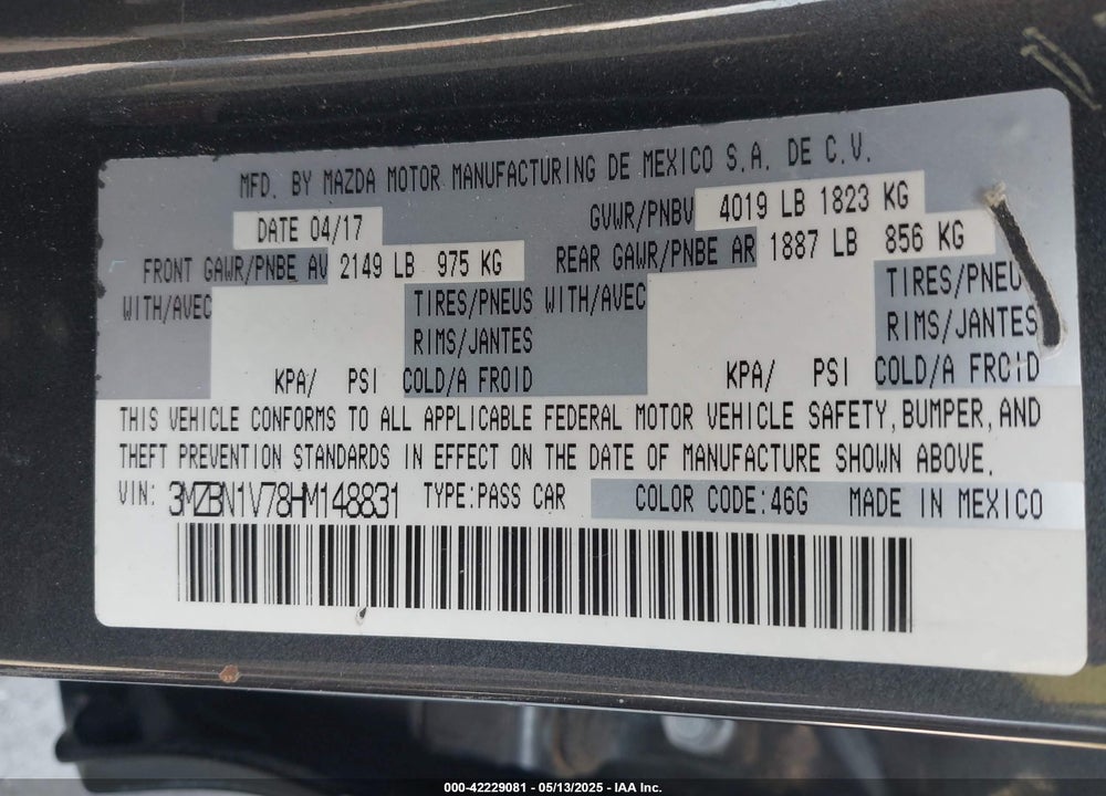 2017 MAZDA 3 VIN: 3MZBN1V78HM148831