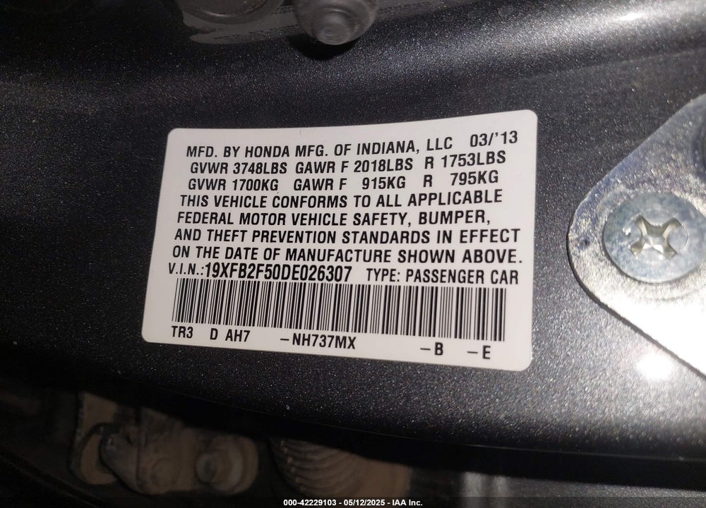 2013 HONDA CIVIC LX VIN: 19XFB2F50DE026307