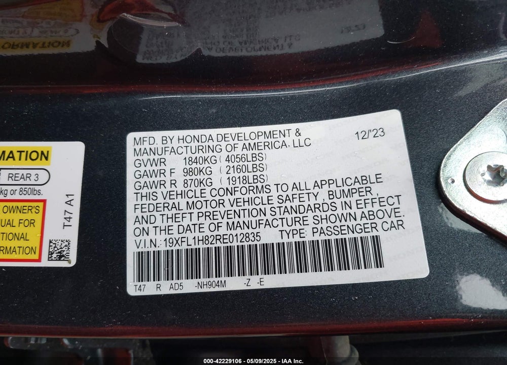 2024 HONDA CIVIC VIN: 19XFL1H82RE012835