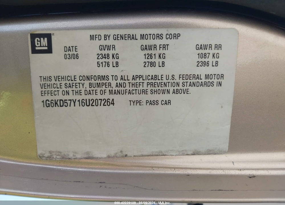 2006 CADILLAC DTS VIN: 1G6KD57Y16U207264
