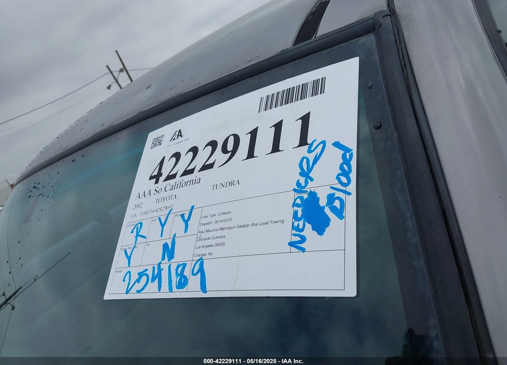 2002 TOYOTA TUNDRA SR5 V8 VIN: 5TBRT34182S278592