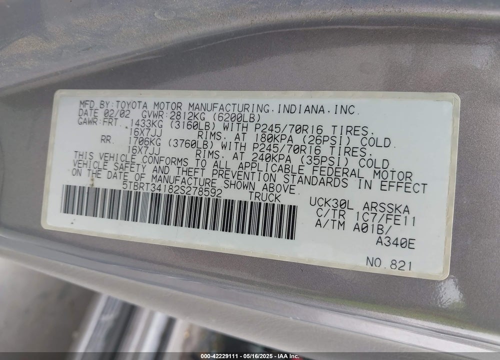 2002 TOYOTA TUNDRA SR5 V8 VIN: 5TBRT34182S278592