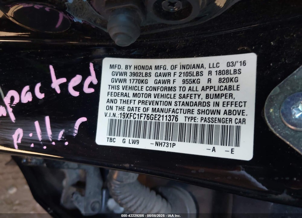 2016 HONDA CIVIC EX-L VIN: 19XFC1F76GE211376
