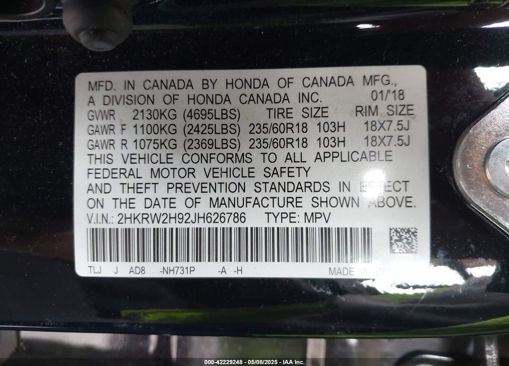 2018 HONDA CR-V VIN: 2HKRW2H92JH626786