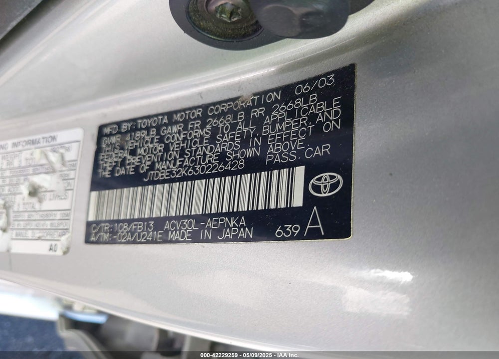 2003 TOYOTA CAMRY VIN: JTDBE32K630226428