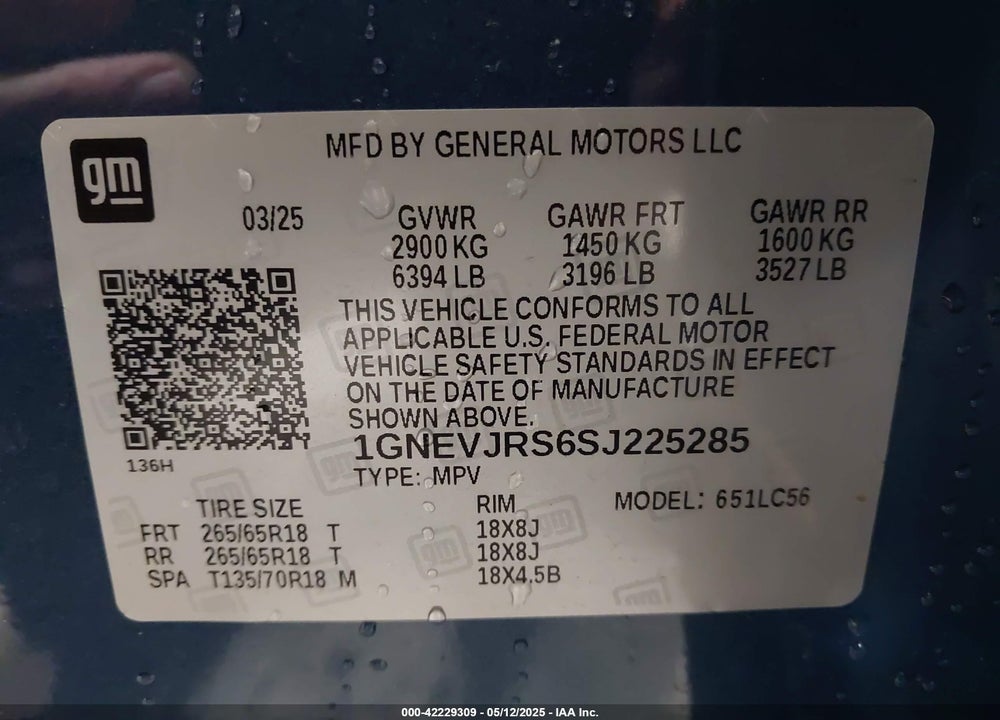 2025 CHEVROLET TRAVERSE VIN: 1GNEVJRS6SJ225285