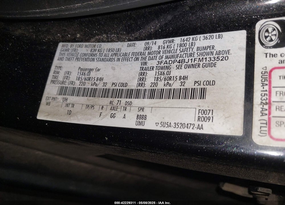 2015 FORD FIESTA VIN: 3FADP4BJ1FM133520