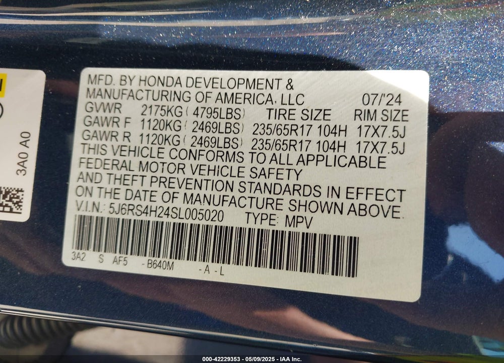 2025 HONDA CR-V VIN: 5J6RS4H24SL005020