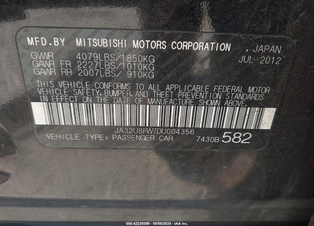 2013 MITSUBISHI LANCER VIN: JA32U8FW7DU004356