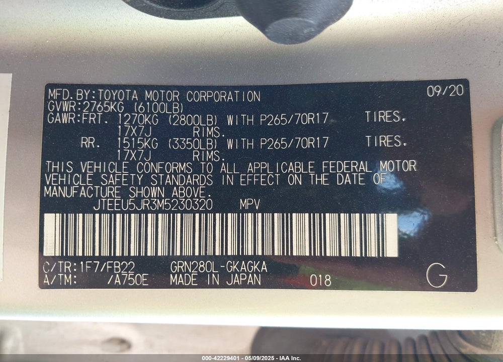 2021 TOYOTA 4RUNNER VIN: JTEEU5JR3M5230320