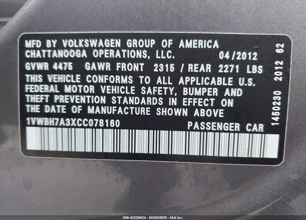 2012 VOLKSWAGEN PASSAT VIN: 1VWBH7A3XCC078160
