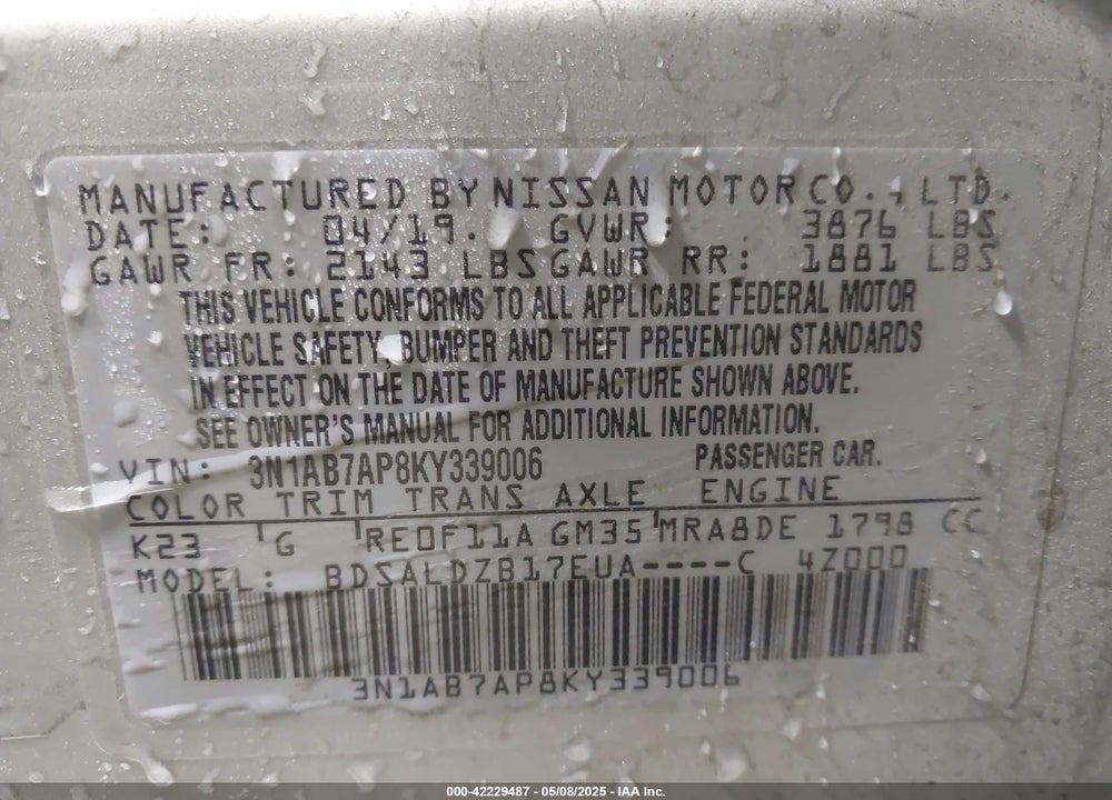 2019 NISSAN SENTRA VIN: 3N1AB7AP8KY339006