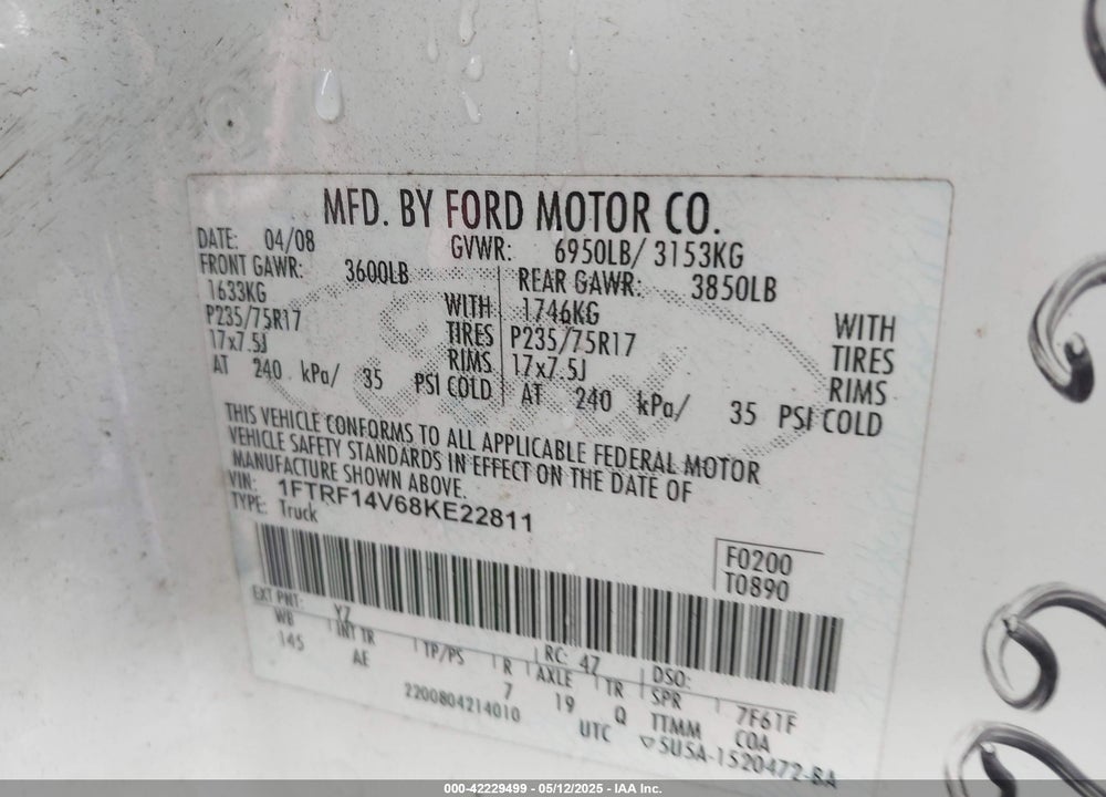 2008 FORD F-150 VIN: 1FTRF14V68KE22811