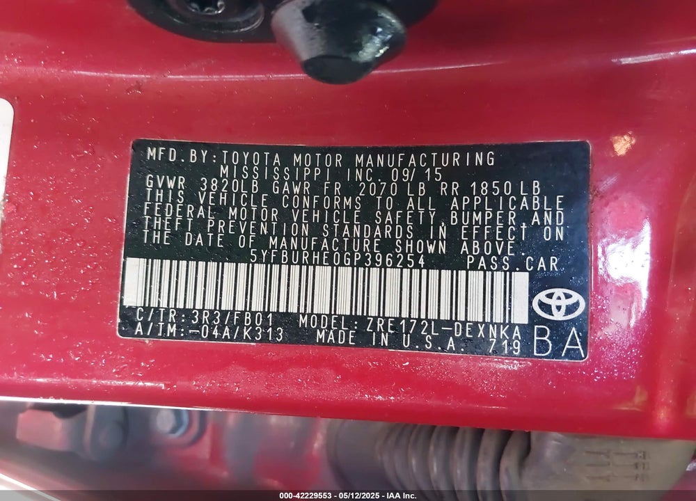 2016 TOYOTA COROLLA VIN: 5YFBURHE0GP396254