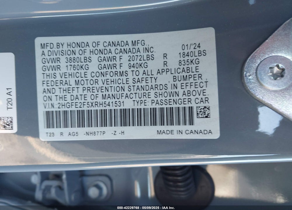2024 HONDA CIVIC VIN: 2HGFE2F5XRH541531