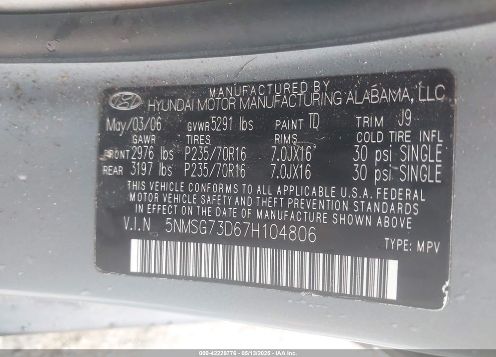 2007 HYUNDAI SANTA FE GLS VIN: 5NMSG73D67H104806