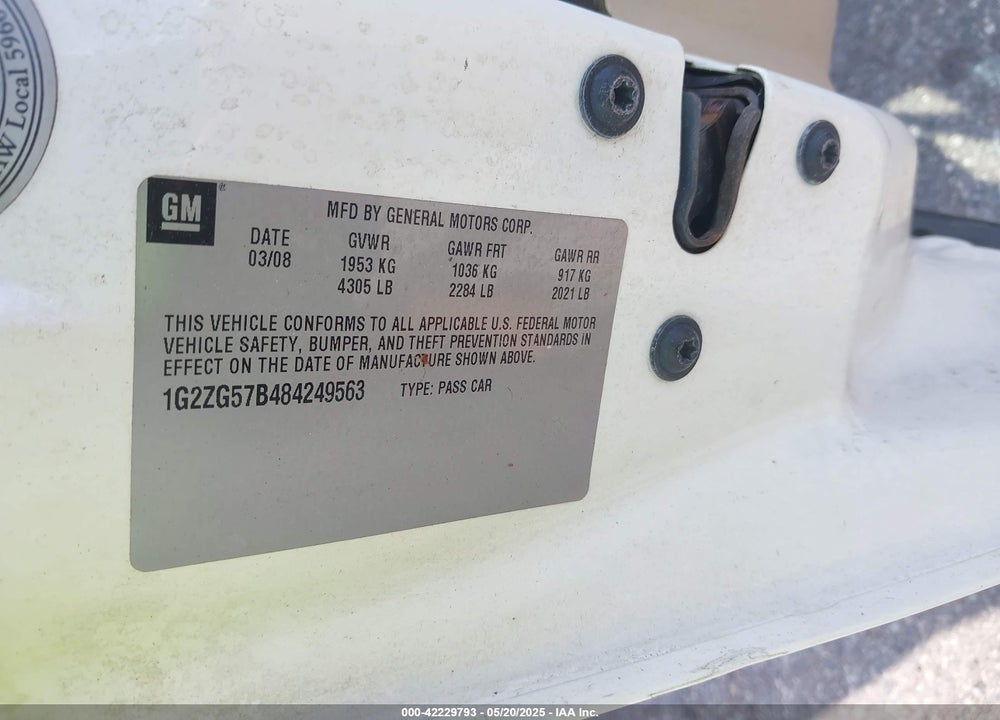 2008 PONTIAC G6 VIN: 1G2ZG57B484249563