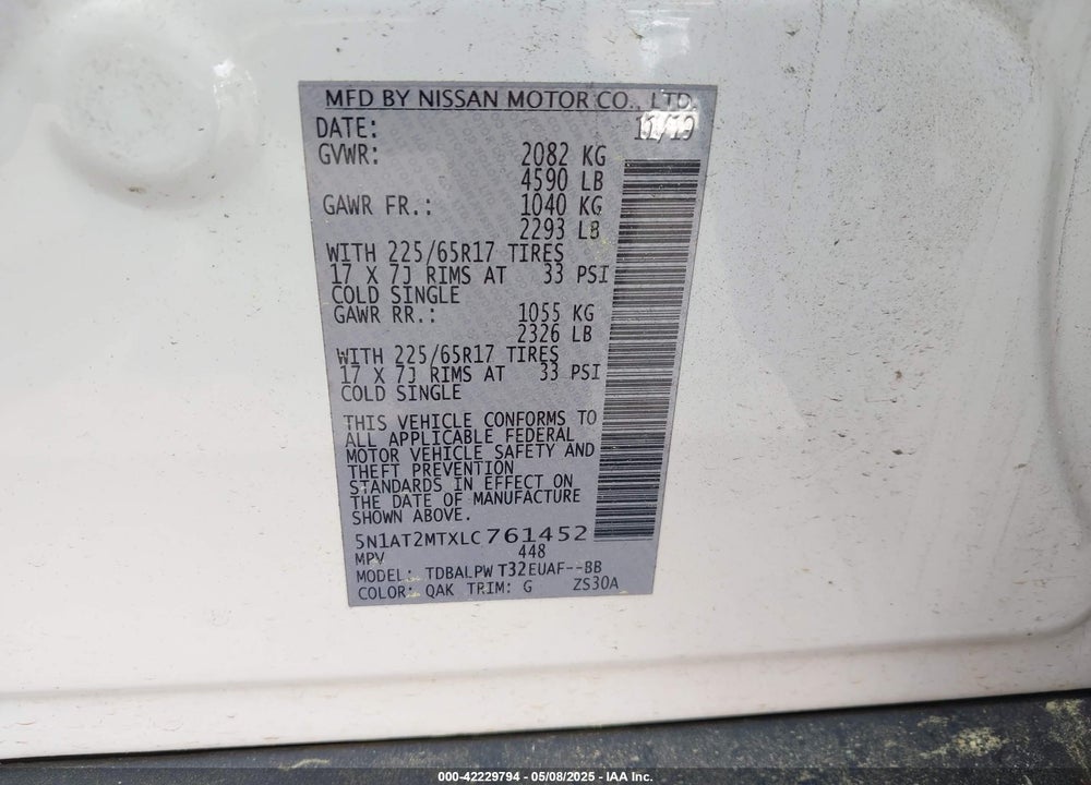 2020 NISSAN ROGUE VIN: 5N1AT2MTXLC761452