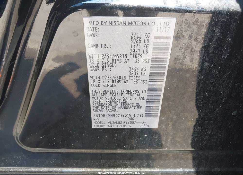 2018 NISSAN PATHFINDER VIN: 5N1DR2MN9JC625470