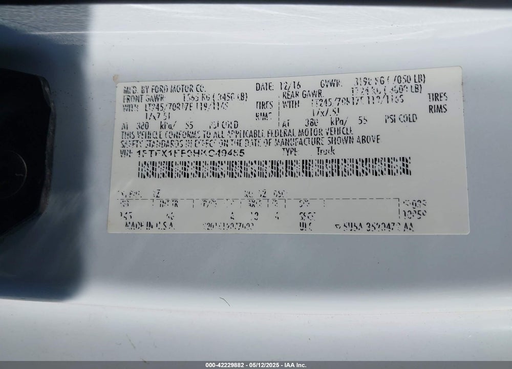 2017 FORD F-150 XL VIN: 1FTFX1EF9HKC49485