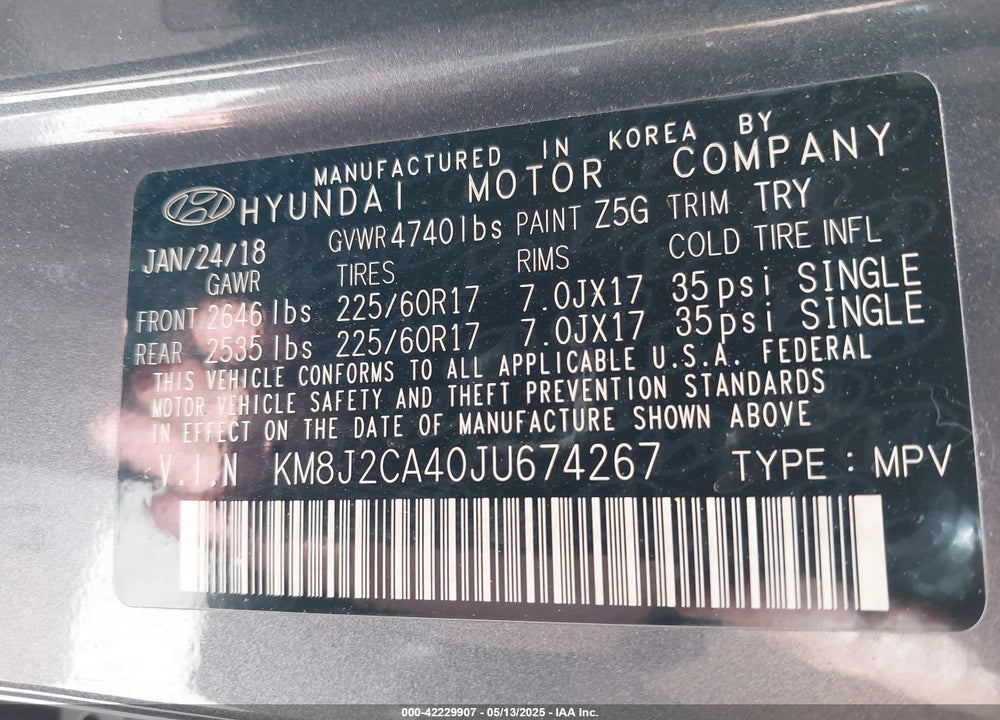 2018 HYUNDAI TUCSON VIN: KM8J2CA40JU674267