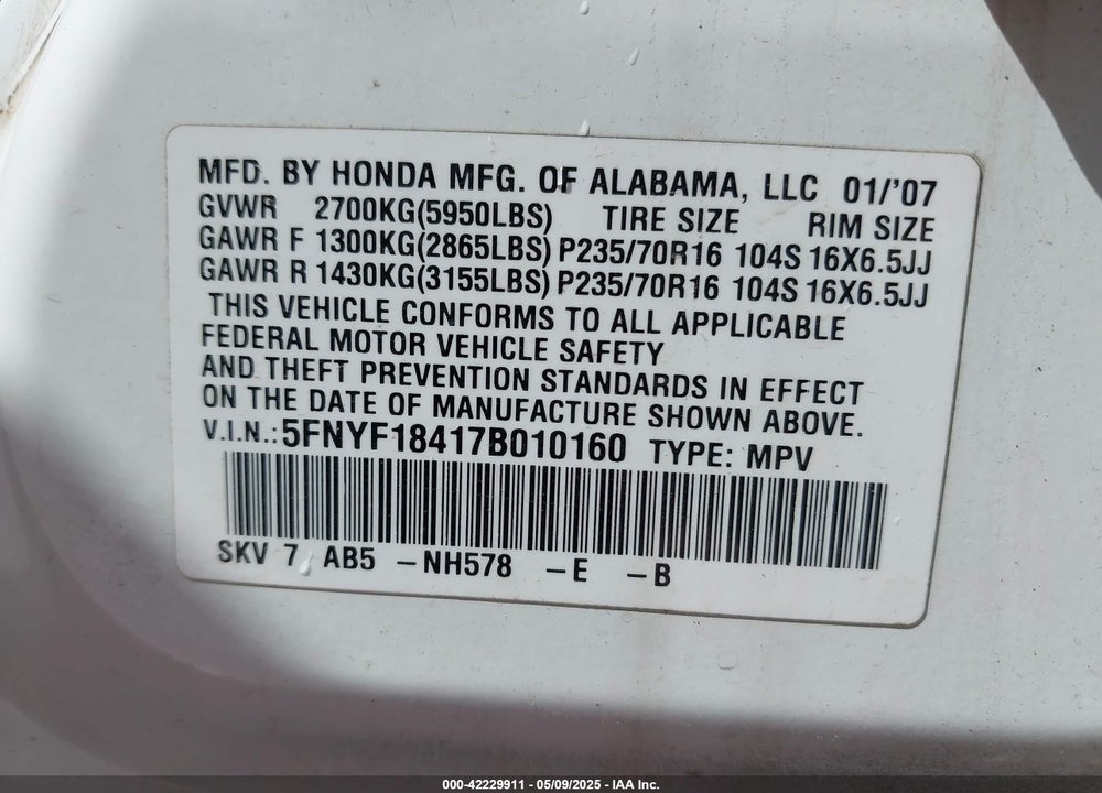 2007 HONDA PILOT VIN: 5FNYF18417B010160