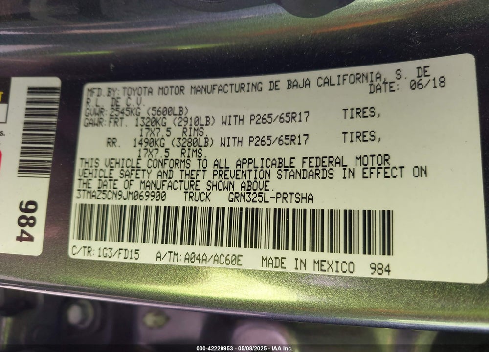 2018 TOYOTA TACOMA VIN: 3TMAZ5CN9JM069900