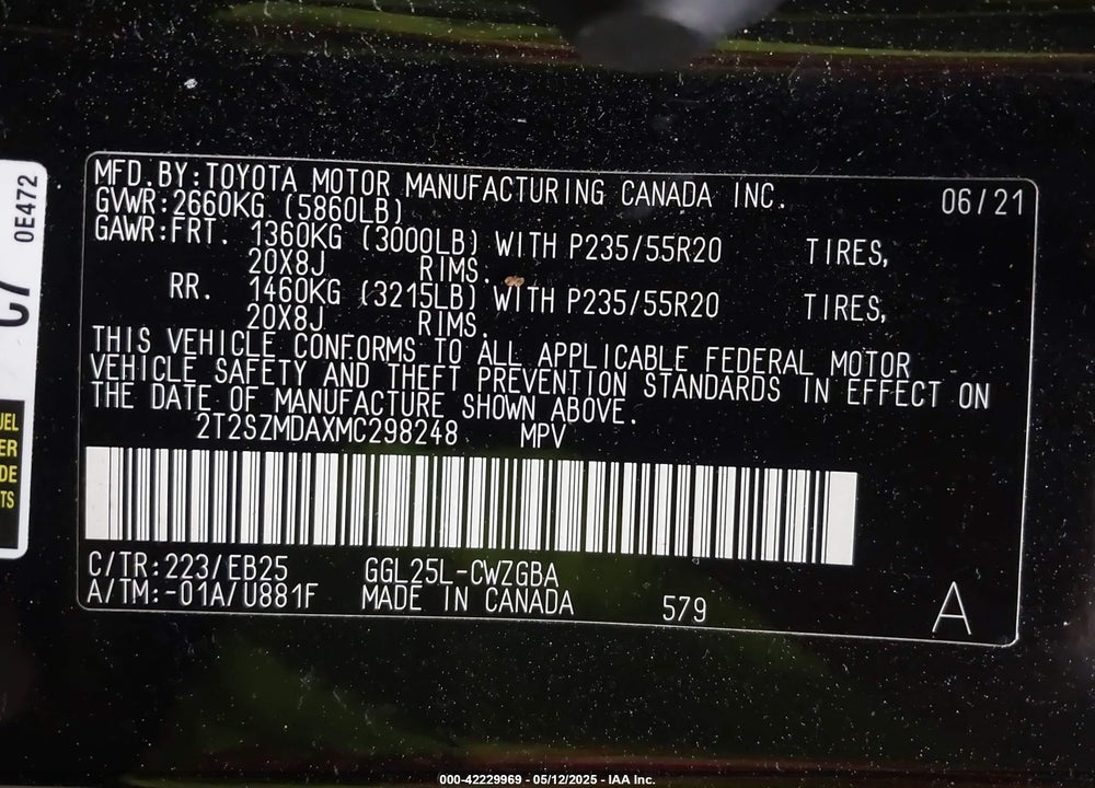 2021 LEXUS RX 350 VIN: 2T2SZMDAXMC298248
