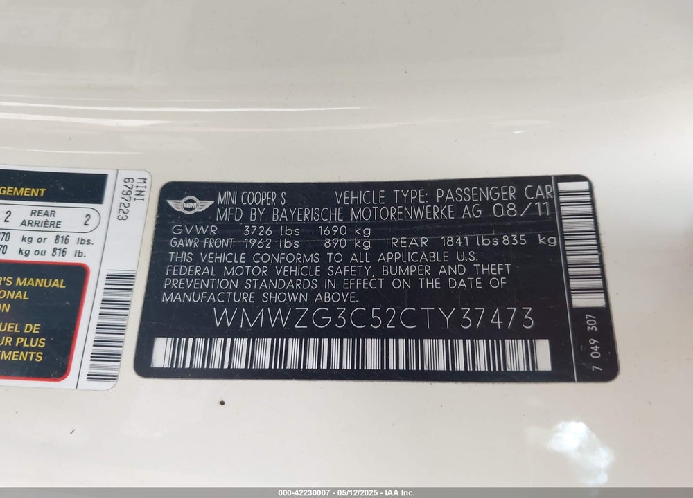 2012 MINI COOPER S CLUBMAN VIN: WMWZG3C52CTY37473