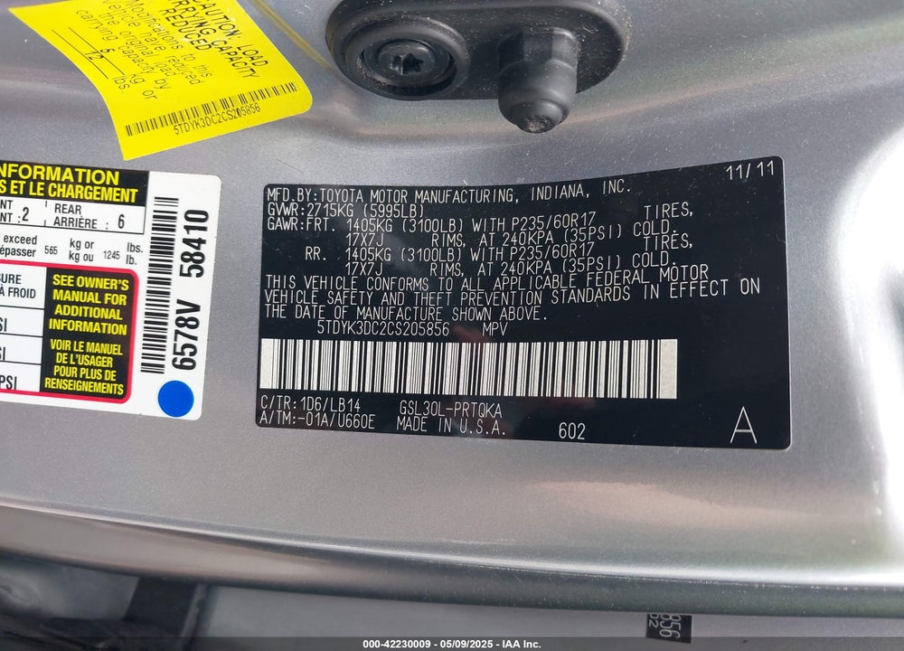 2012 TOYOTA SIENNA XLE V6 8 PASSENGER VIN: 5TDYK3DC2CS205856