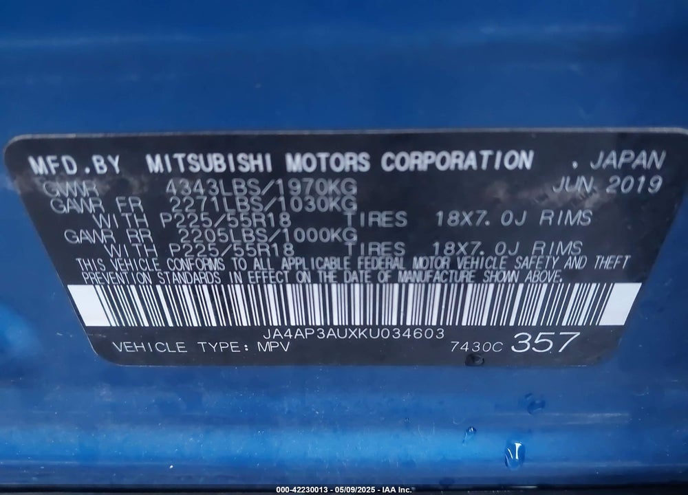 2019 MITSUBISHI OUTLANDER SPORT VIN: JA4AP3AUXKU034603