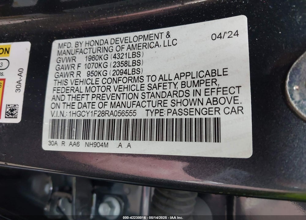 2024 HONDA ACCORD VIN: 1HGCY1F28RA056555