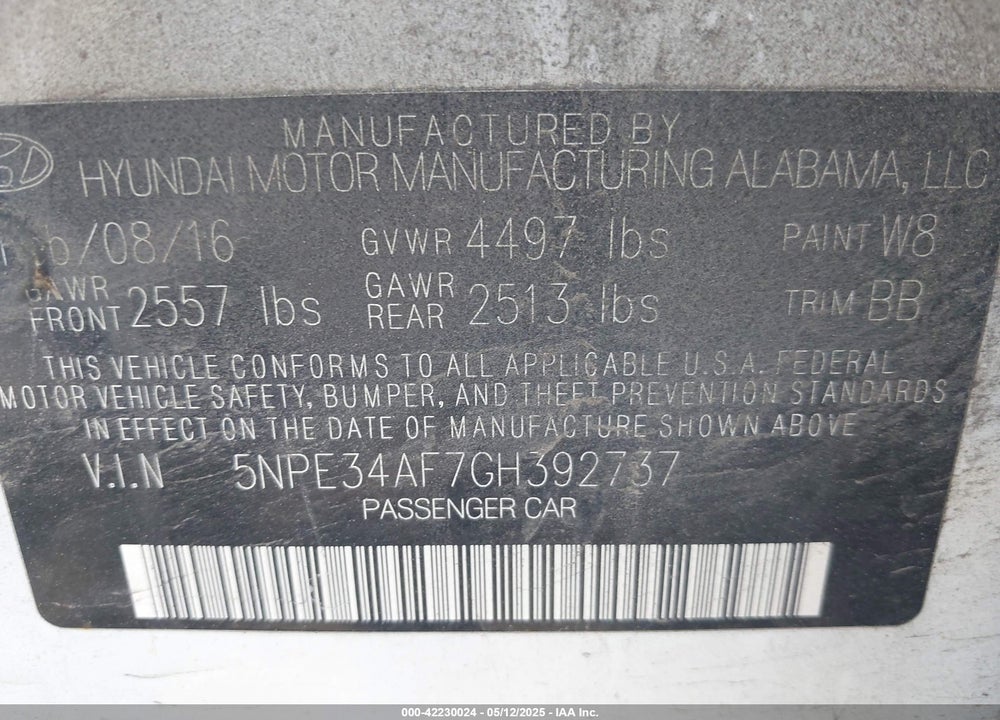2016 HYUNDAI SONATA VIN: 5NPE34AF7GH392737
