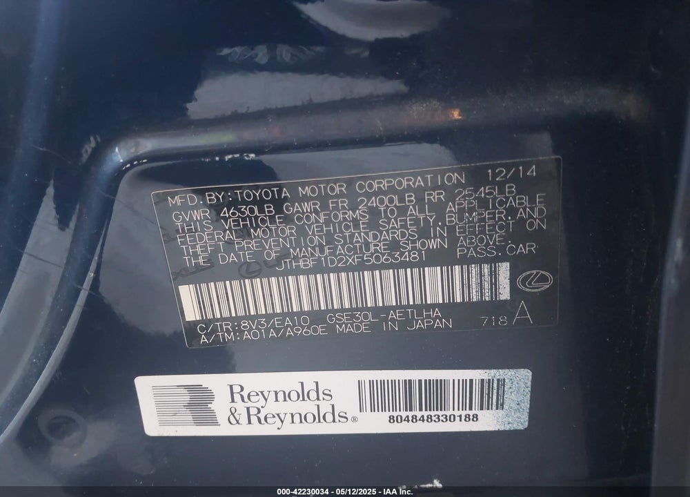 2015 LEXUS IS 250 VIN: JTHBF1D2XF5063481