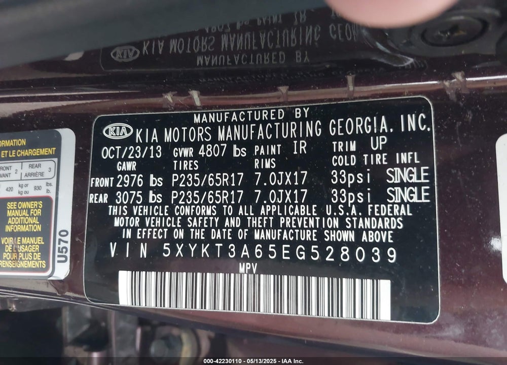 2014 KIA SORENTO VIN: 5XYKT3A65EG528039