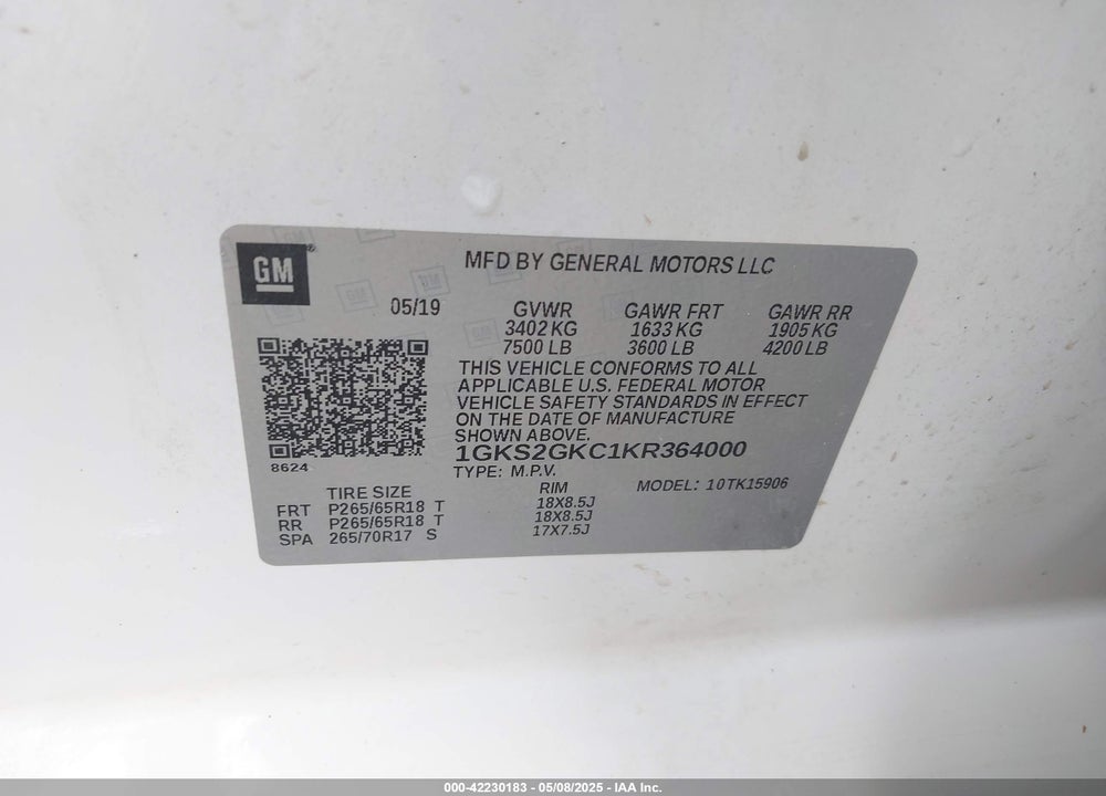 2019 GMC YUKON XL VIN: 1GKS2GKC1KR364000