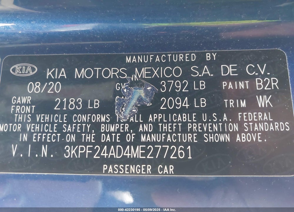2021 KIA FORTE LXS VIN: 3KPF24AD4ME277261