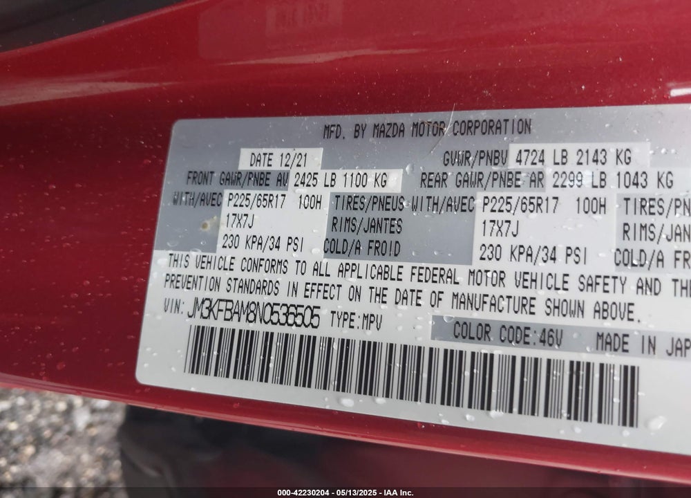 2022 MAZDA CX-5 2.5 S VIN: JM3KFBAM8N0536505