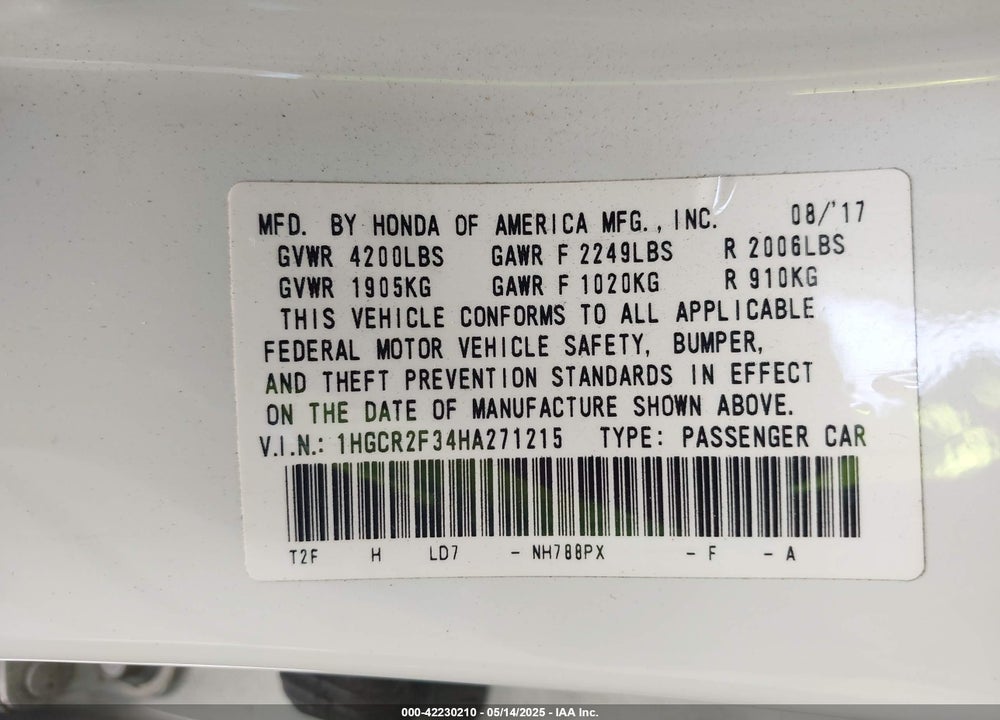 2017 HONDA ACCORD VIN: 1HGCR2F34HA271215