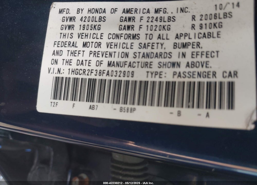 2015 HONDA ACCORD VIN: 1HGCR2F38FA032909