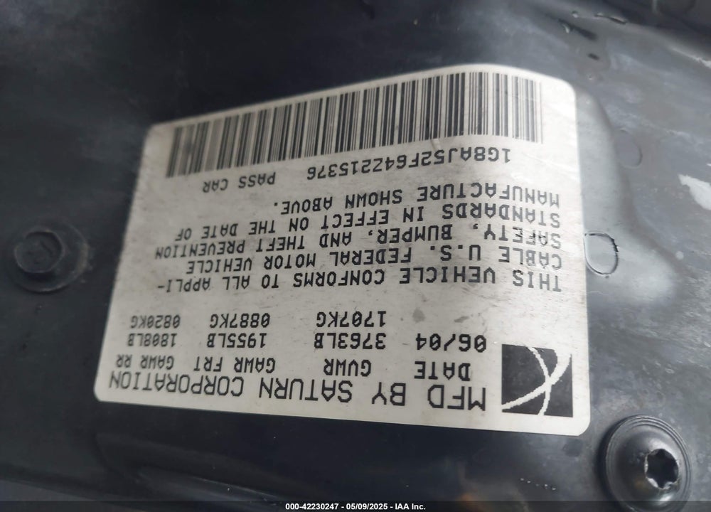 2004 SATURN ION 2 VIN: 1G8AJ52F64Z215376