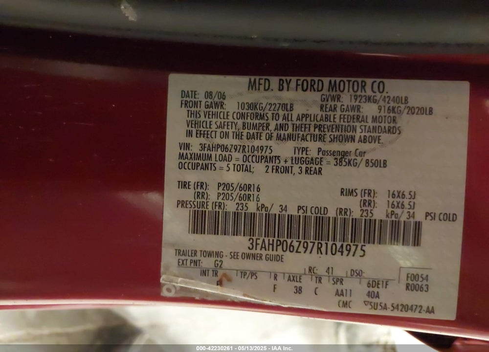 2007 FORD FUSION S VIN: 3FAHP06Z97R104975