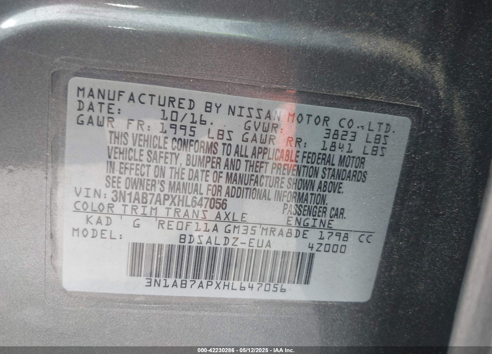 2017 NISSAN SENTRA SV VIN: 3N1AB7APXHL647056