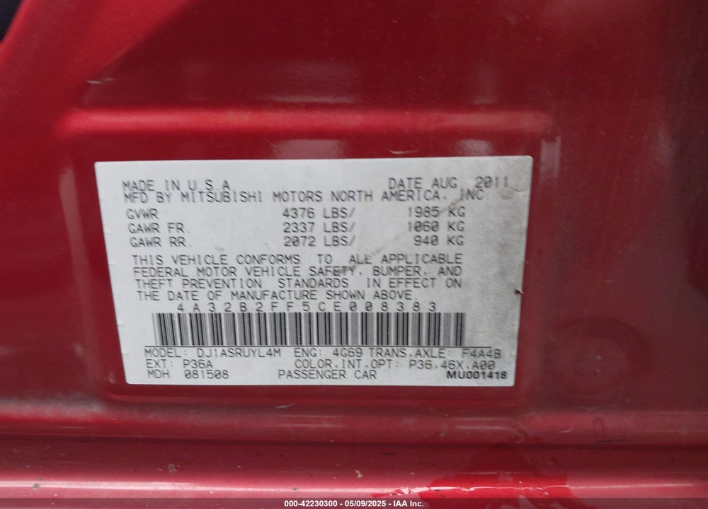 2012 MITSUBISHI GALANT VIN: 4A32B2FF5CE008383