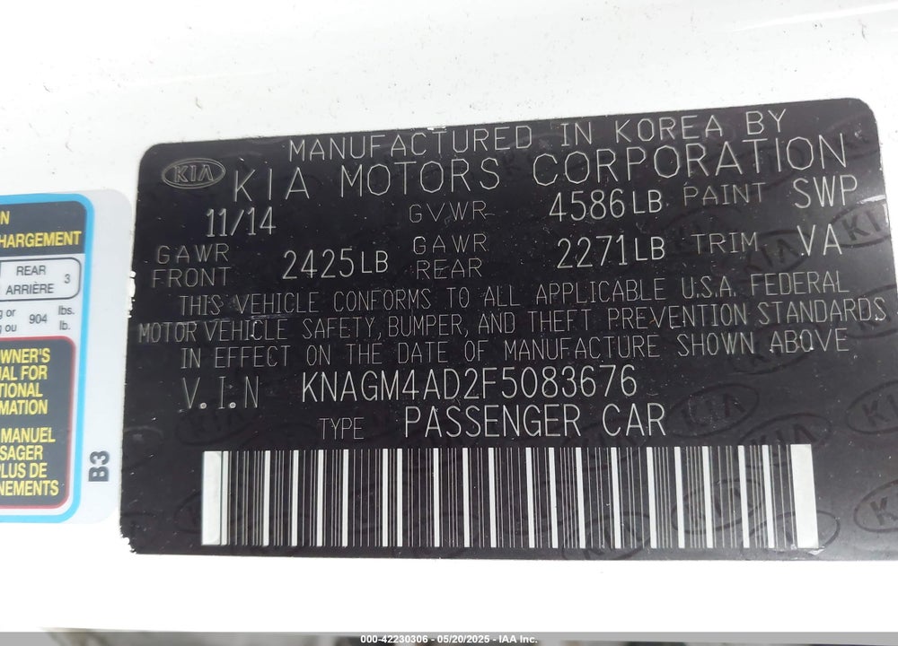 2015 KIA OPTIMA HYBRID VIN: KNAGM4AD2F5083676