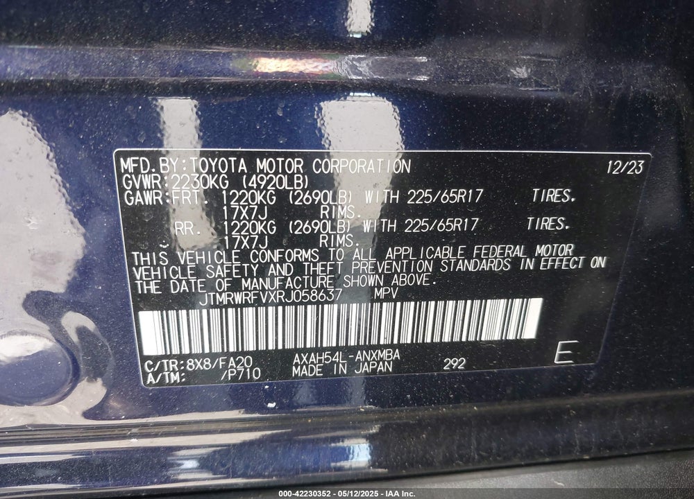 2024 TOYOTA RAV4 HYBRID VIN: JTMRWRFVXRJ058637