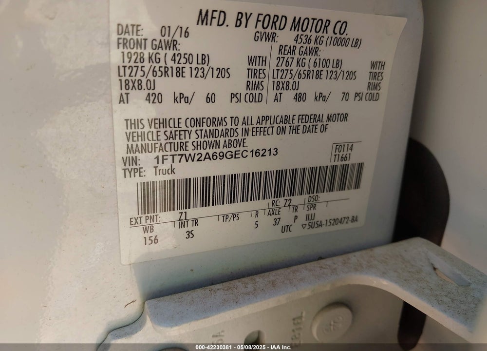 2016 FORD F-250 VIN: 1FT7W2A69GEC16213