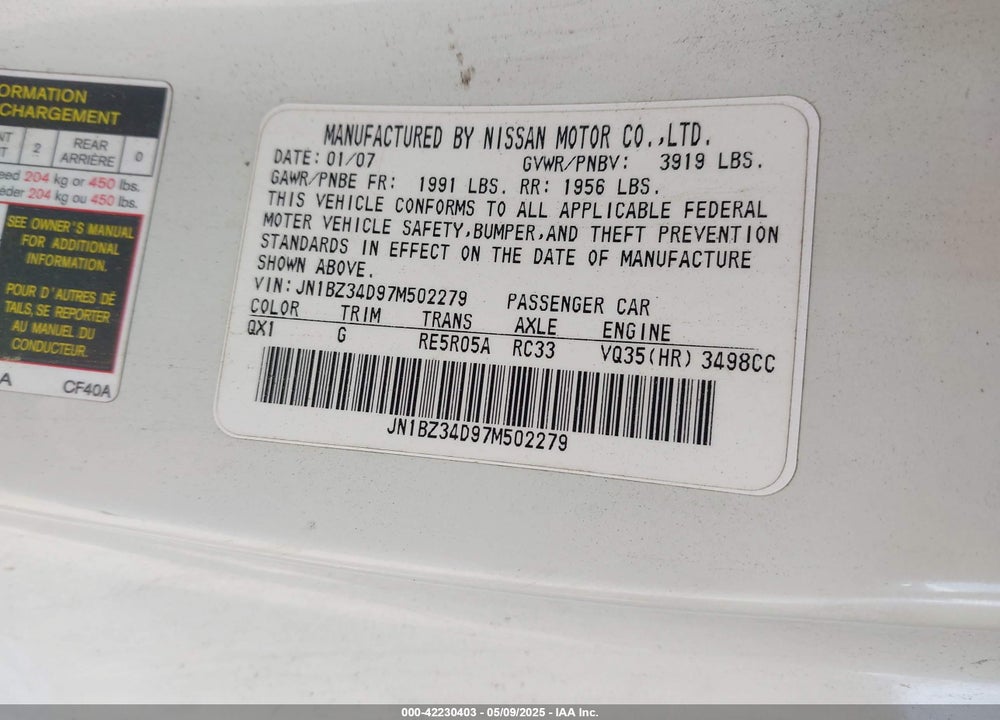2007 NISSAN 350Z ENTHUSIAST VIN: JN1BZ34D97M502279